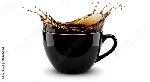 A dynamic splash of dark liquid erupts from a glossy black mug
