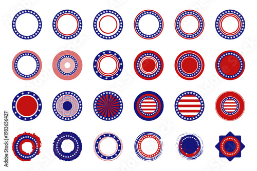 American patriotic circular badges and seals set featuring stars, stripes and round frames in US flag colors. Collection of national emblem icons and borders for Independence Day. Vector illustration