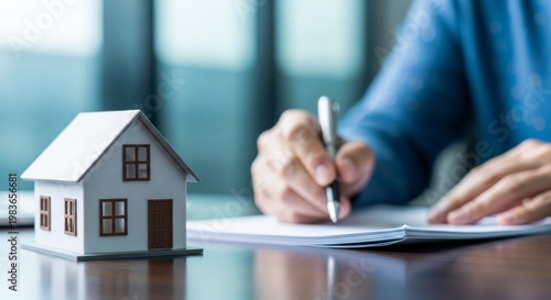 Person signing real estate contract with house model, representing home purchase, property investment, mortgage agreement and financial approval.