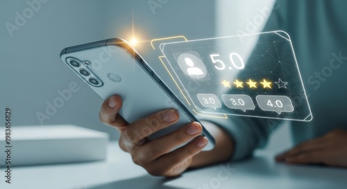 Customer reviewing service on smartphone with five star rating interface representing customer satisfaction, feedback system, online reviews and service evaluation.