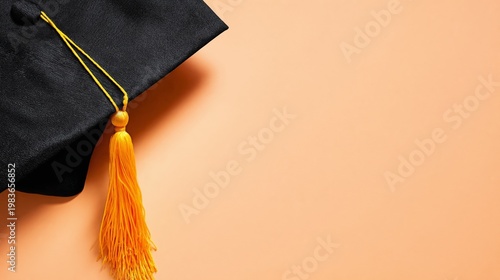 Graduation Cap on a Light Orange Background With a Yellow Tassel Hanging Down