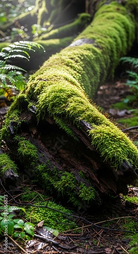 A fallen ancient tree, heavily covered in vibrant green moss, in a forest