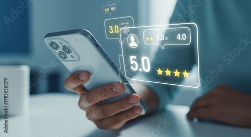 Customer reviewing service on smartphone with five star rating interface representing customer satisfaction, feedback system, online reviews and service evaluation.