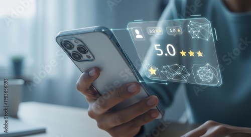Customer reviewing service on smartphone with five star rating interface representing customer satisfaction, feedback system, online reviews and service evaluation.