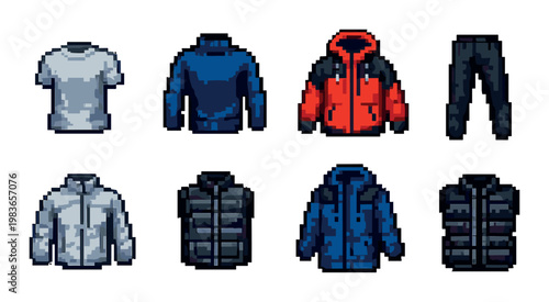 Pixel clothing icons arranged in grid on gray background