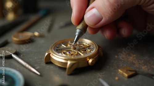 A watchmaker repairing vintage mechanical wristwatch with precision tools on watchmaker desk. 
