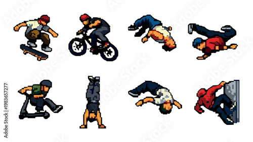 Action sport sprites performing tricks on neutral background