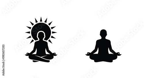 Meditating figures with sun and lotus pose a striking silhouette