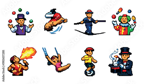 Circus performers performing stunts and tricks on gray background