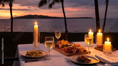 Outdoor Dinner by the Beach at Sunset With Candles and Food on a Table
