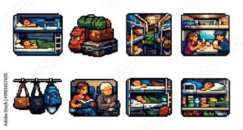 Train carriage icons depicting bunks passengers luggage and dining