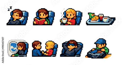 Airplane seat icons showing passengers sleeping reading drinking