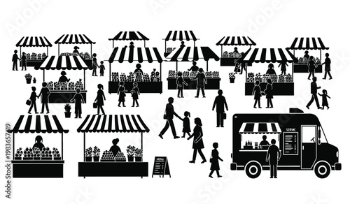 A bustling outdoor farmers market scene is depicted with numerous vendor stalls people shopping and a food truck all rendered as a silhouette