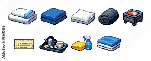 Bedding and service item icons including towels tray and supplies