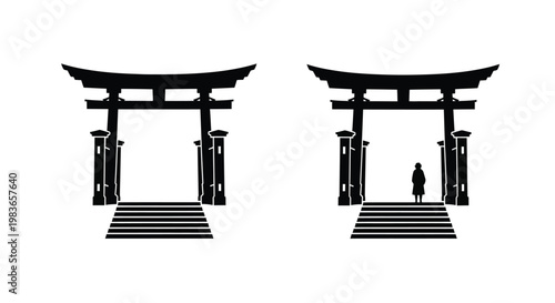 Traditional japanese torii gates with a lone figure a striking silhouette