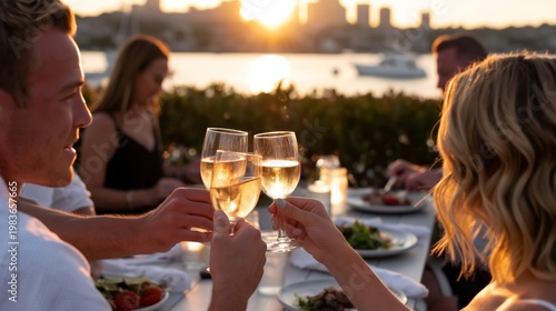 Friends Enjoy a Sunset Toast With Wine in a Vineyard During an Evening Gather...