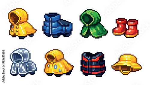 Pixel rainwear and safety gear icons displayed on neutral background