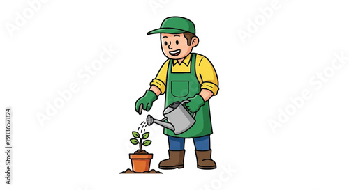Gardener watering plant illustration with white background