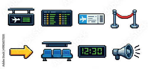 Airport signage and seating icons including board and ticket