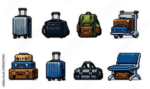 Assorted suitcases and travel bags with trolley on gray
