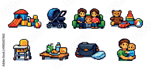 Parents and baby with toys and nursery items in grid layout