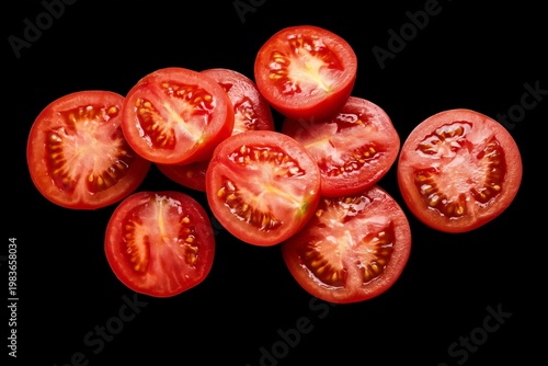 Freshly Cut Tomatoes on a Black Background Ready for Cooking or Salad Prepara...