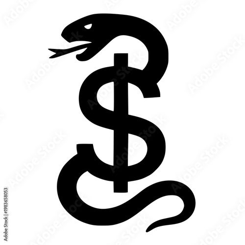 Black snake silhouette coiled around a vertical rod forming a dollar sign, symbolizing medical industry costs and greed, isolated on transparent background