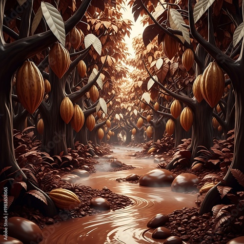 A fantasy cocoa plantation with pods hanging from trees and a chocolate river