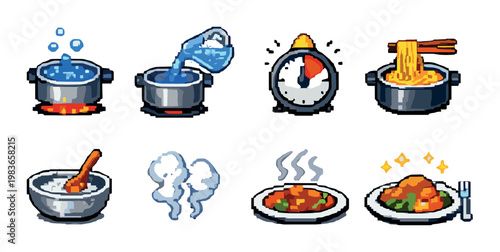 Cooking sequence icons showing boiling and plating on gray background