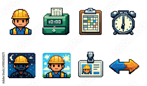Construction worker and timekeeping icons arranged on dark background