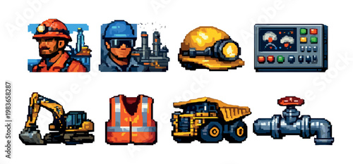 Mining and construction equipment and worker icons on dark background