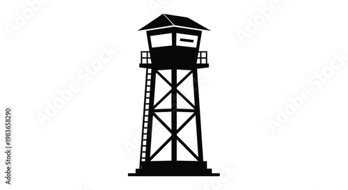 Black watchtower graphic with stark lines a bold silhouette