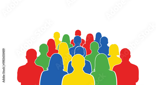A vibrant collection of colorful human figures stands closely together representing community and diversity in a bold silhouette high quality professional detailed modern elegant