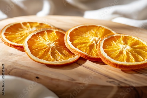 Dried Orange Slices Arranged on a Wooden Plate in Natural Light
