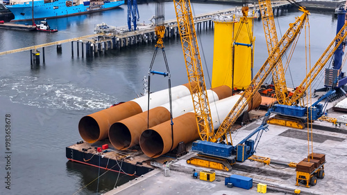 Process of unloading steel Caisson with Lattice crane in seaport