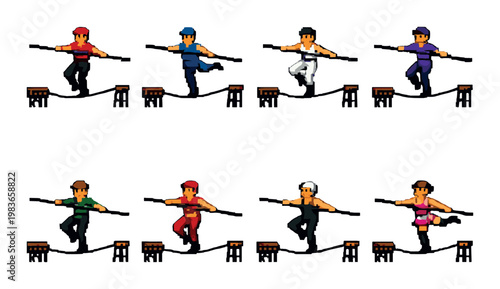 Pixel tight rope performers in colored outfits on gray background