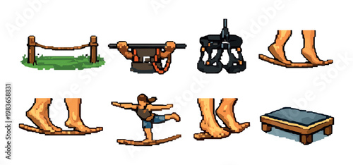 Balance training equipment and boards with feet and person on gray