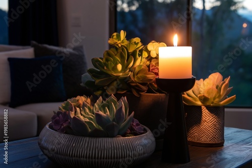 Lighting a Candle Near Succulents During Evening Hours in a Modern Living Room