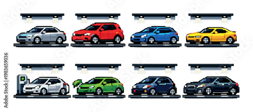 Multiple cars displayed on platforms in showroom setting