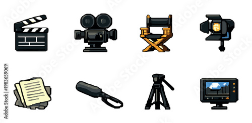 Film equipment icons arranged on neutral gray background