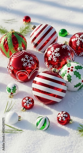 A festive arrangement of assorted holiday baubles scattered on glistening snow