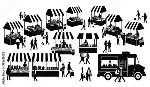 A bustling outdoor farmers market scene is depicted with numerous vendor stalls people shopping and a food truck all in silhouette high quality professional