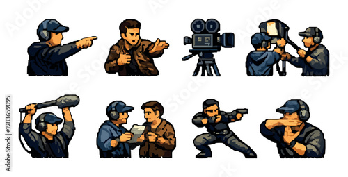 Film crew directing actors and operating equipment on set