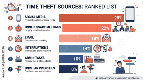 Time theft sources ranked list infographic with percentages and icons