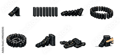 Domino tiles demonstrating setups and topple states on gray background