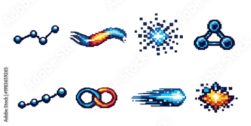 Neon icons of particle bursts motion trails on gray background