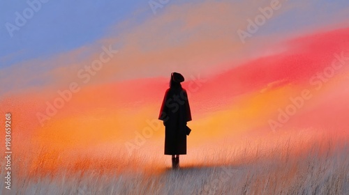 Person Standing in a Field During Sunset With Colorful Sky and Tall Grass