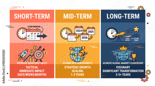 Business planning infographic showing short, mid, and long-term goals and strategies