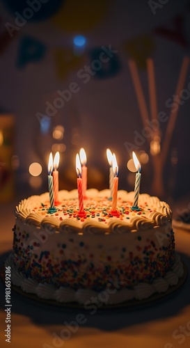 A festive birthday cake, adorned with colorful frosting and lit candles, awaits celebration
