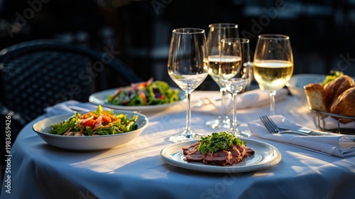 Dinner Table With Food and Drinks During Evening at Outdoor Restaurant
